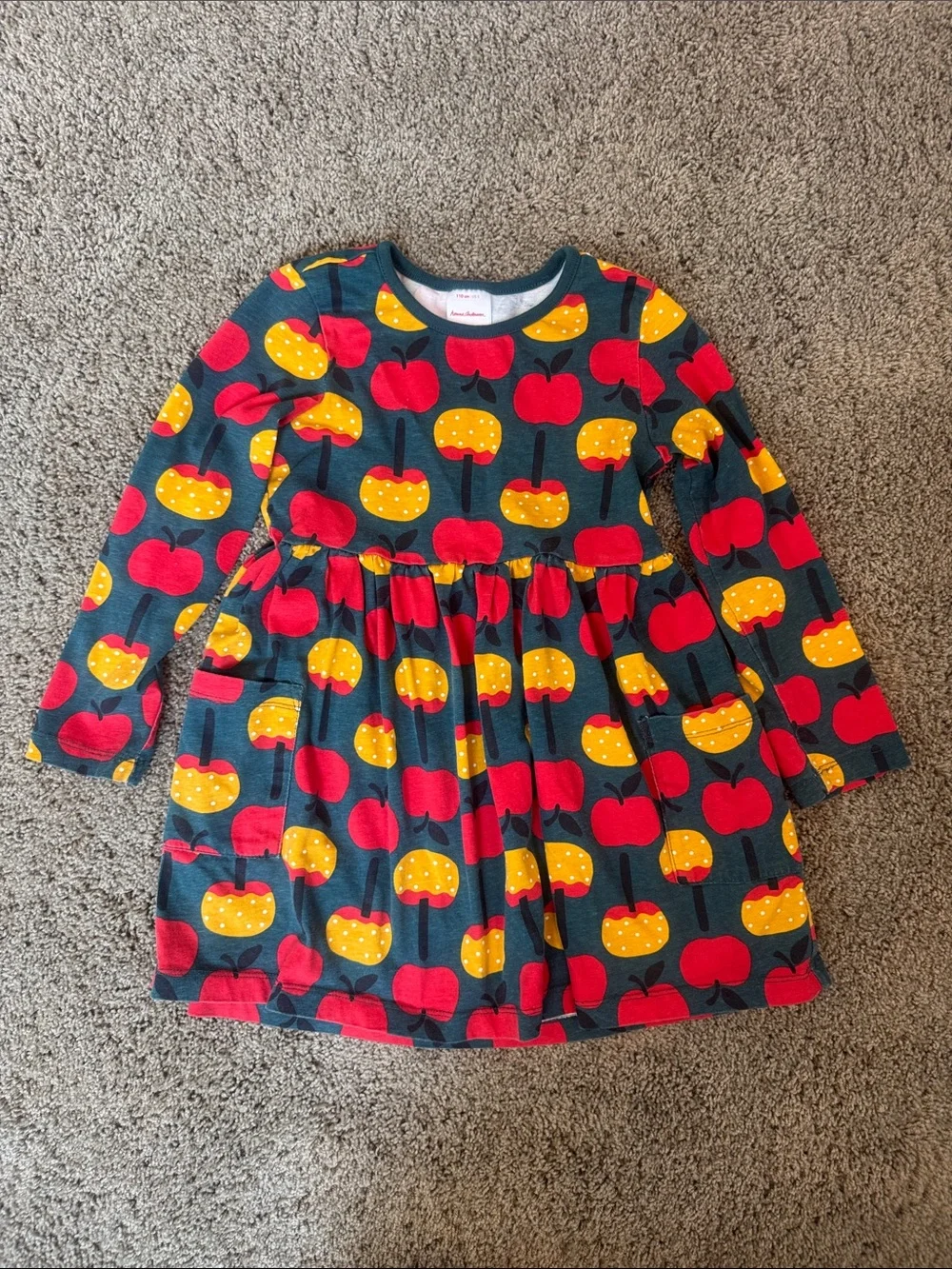 Hanna Andersson Navy Dress with Red & Yellow Apple Print